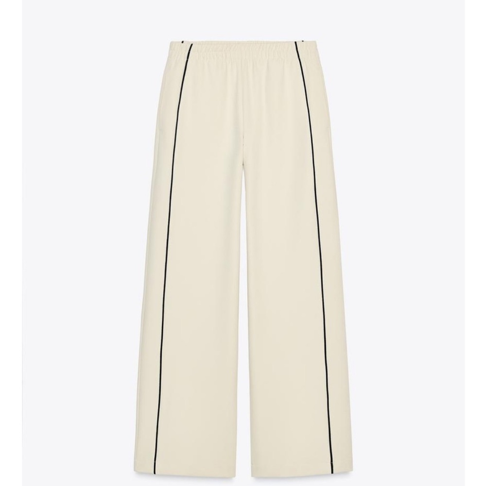 Zara Cream Wide-Leg Pants with Black Trim